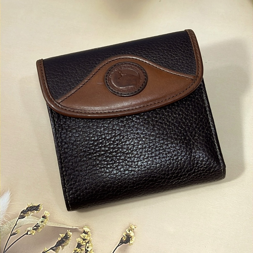 🦆 DOONEY & BOURKE TRIFOLD DARK BROWN TAN LEATHER KISSLOCK POUCH COIN BAG VINTAGE